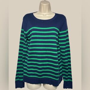 J Crew Women’s Navy Green Crewneck Striped Teddie Sweater 100% Cotton SZ M